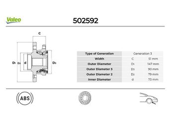 Teker Rulmanı Ön Sağ veya Sol VALEO 502592  31216765157 2405866 2 405 866 31222405866 31 22 2 405 866 31216765157S1 6765157 6 765 157
