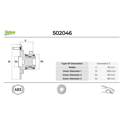 Teker Rulmanı Ön Sağ veya Sol Ford Transit/Tourneo Custom Kombi/Kombi Van (TTF)(2012->)  VALEO 502046