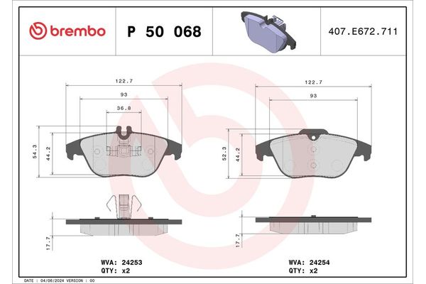 Fren Disk Balata Arka Mercedes E -Serisi Coupe (BM 207)(05.2009->)  BREMBO P 50 068X