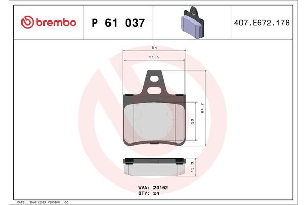 Fren Disk Balata Arka Citroen XM 5 Kapı (10.1989->)  BREMBO P 61 037