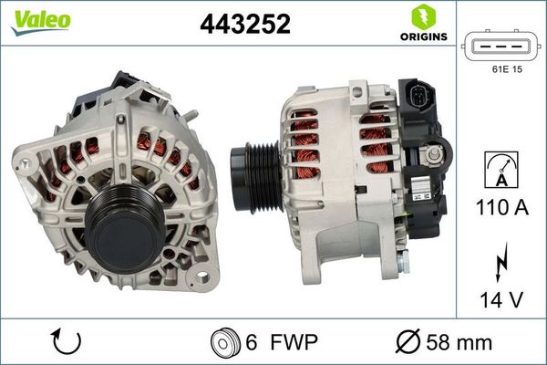 Alternatör  Kia Carens (RP)(2013->)  VALEO 443252