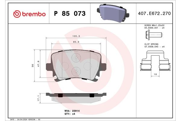 Fren Disk Balata Arka Volkswagen Caddy (2K)(02.2004->2010)  BREMBO P 85 073X