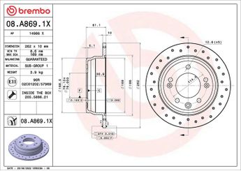 Fren Disk Ayna Arka Sağ ve Sol BREMBO 08.A869.1X  584111H100 584111H300 58411S6000 S584111H300 S584111H300A