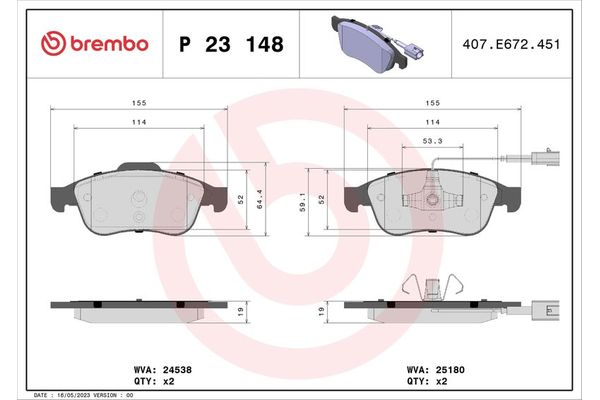 Fren Disk Balata Ön Alfa Romeo Giulietta (191)(2010->)  BREMBO P 23 148X