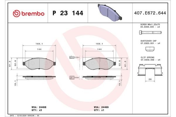 Fren Disk Balata Ön Peugeot Boxer (328/330/333) P.Van Aks:3000mm (2007->)  BREMBO P 23 144