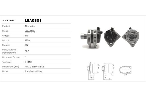 Alternatör  Ford Transit Connect (CHC)(2013->)  LUCAS ELEKTRIK LEA0801