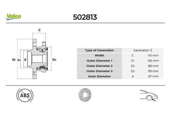 Teker Rulmanı Ön Sağ veya Sol Volvo XC90 (07.2002->)  VALEO 502813