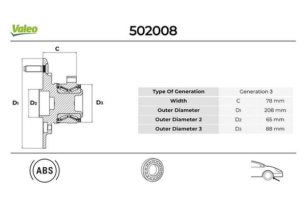 Teker Rulmanı Ön Sağ veya Sol Ford Transit P.Van (TTG)(2013->2019)  VALEO 502008