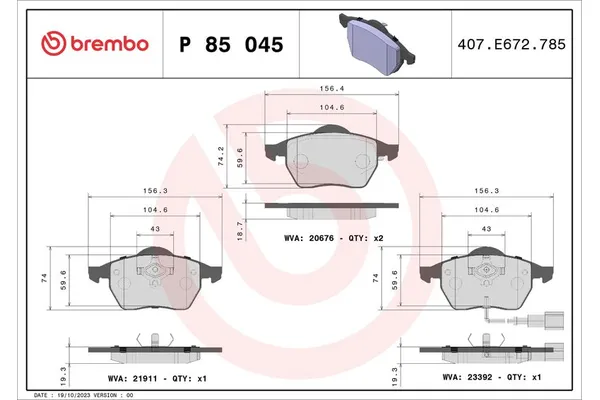 Fren Disk Balata Ön Audi A3 (8L)(09.1996->)  BREMBO P 85 045