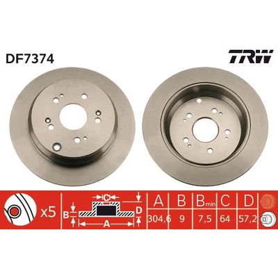 Fren Disk Ayna Arka Sağ ve Sol Honda CR-V (RD8)(01.2002->)  TRW DF7374