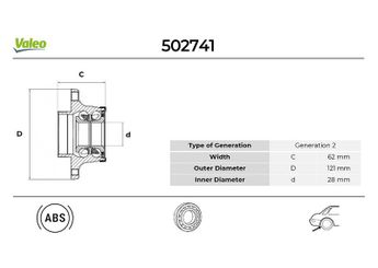 Teker Rulmanı Arka Sağ veya Sol VALEO 502741  5U0501611 1S0598611 1S0501611B 1S0501611A