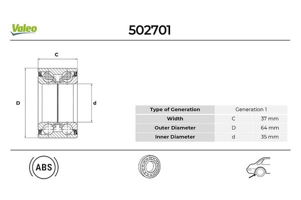 Teker Rulmanı Arka Sağ veya Sol Daihatsu Cuore (L251)(2003->2007)  VALEO 502701