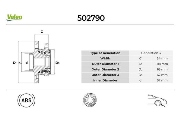 Teker Rulmanı Ön Sağ veya Sol Audi A2 (8Z)(06.2000->)  VALEO 502790