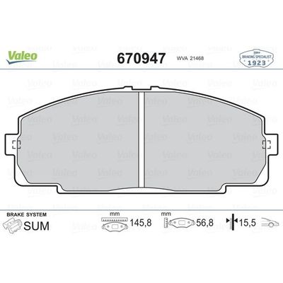 Fren Disk Balata Ön Toyota Dyna (2001->)  VALEO 670947