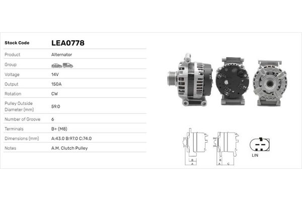 Alternatör  Citroen Jumper P.Van (06.2014->)  LUCAS ELEKTRIK LEA0778