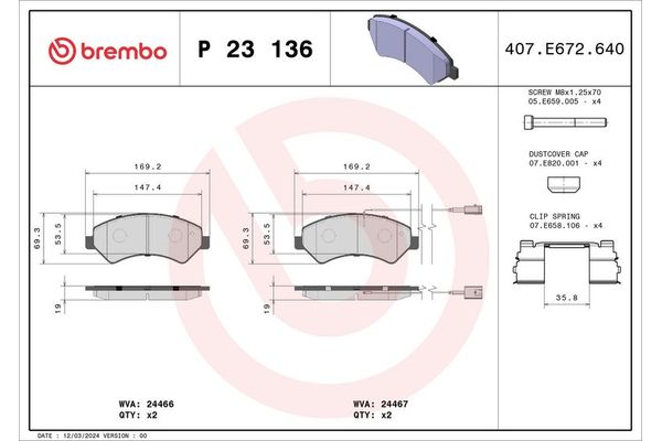 Fren Disk Balata Ön Peugeot Boxer (328/330/333) P.Van Aks:3000mm (2007->)  BREMBO P 23 136