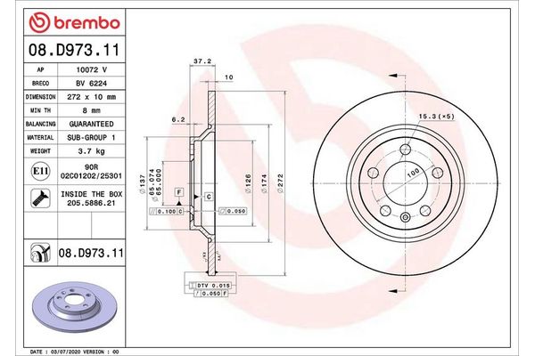Fren Disk Ayna Arka Sağ ve Sol Audi A1 Sportback (GBA)(09.2018->)  BREMBO 08.D973.11