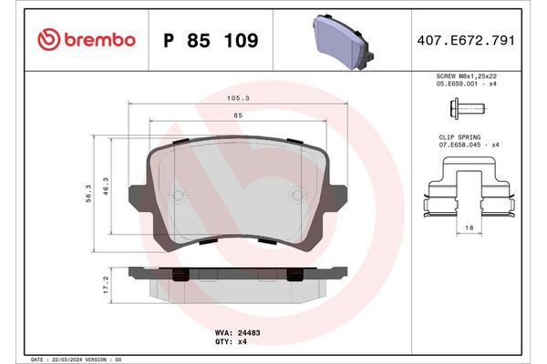 Fren Disk Balata Arka Volkswagen Sharan (7N1)(05.2010->2015)  BREMBO P 85 109