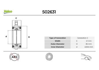 Teker Rulmanı Ön Sağ veya Sol VALEO 502631  8D0498625C 8E0498625A 8E0498625B 4D0407625D 4D0407625H 8E0598625A 8E0598625B