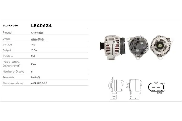 Alternatör  Chrysler Crossfire Cabrio (2004->)  LUCAS ELEKTRIK LEA0624