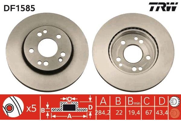 Fren Disk Ayna Ön Sağ ve Sol Mercedes 124 Coupe/Cabrio (BM 124)(12.1986->)  TRW DF1585