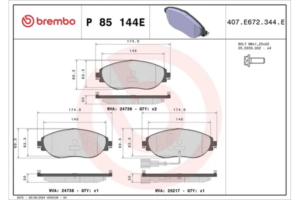 Fren Disk Balata Ön Volkswagen Golf VII Variant (BA5)(04.2013->2017)  BREMBO P 85 144E