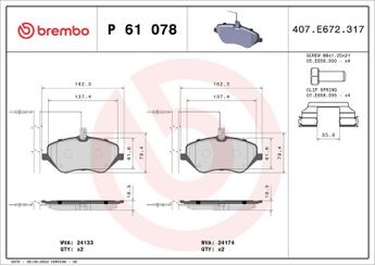 Fren Disk Balata Ön BREMBO P 61 078  1611457580 1617270180 425278 425294 425336 425337 425348 425383 425410 425411 4254A0 E172314 425377