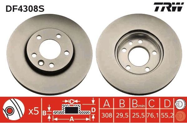 Fren Disk Ayna Ön Sağ ve Sol Volkswagen T6.1 Transporter P.Van (SH)(07.2019->2024)  TRW DF4308S