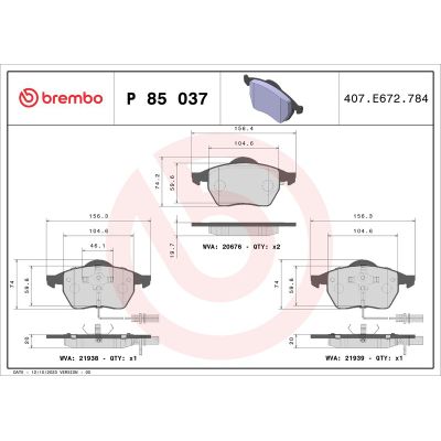 Fren Disk Balata Ön Audi A6 Sedan (4B2)(04.1997->)  BREMBO P 85 037