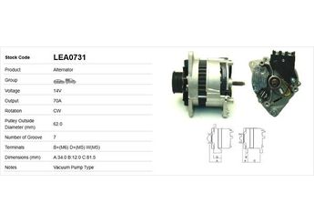 Alternatör  LUCAS ELEKTRIK LEA0731  1668894 5027848 5029902 7197314 7302659 894X10300AE 924F10300AA 924F10300AB 924F10K359AA 924F10K359AB 924X10300AB 94GB10300BB 954F10300AA 954F10K300AB 954F10K359AA 954F10K359AB DV94GB10K359AC RV94GB10300BB V94GB10300BB V94GB10K359AB V94GB10K359AC