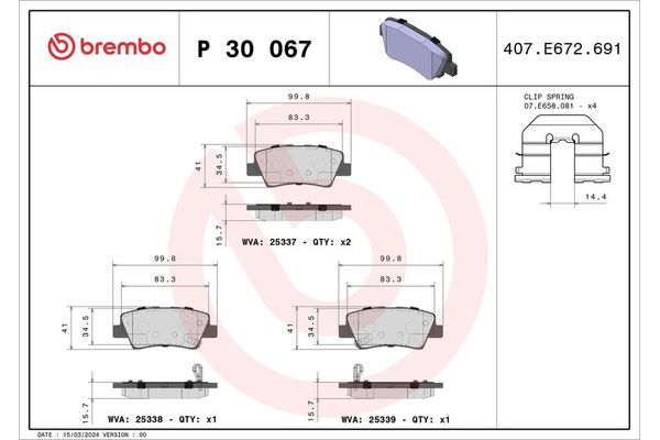 Fren Disk Balata Arka Kia Optima (JF)(2015->)  BREMBO P 30 067