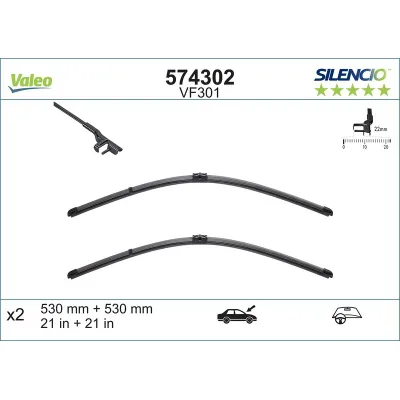 Silecek Süpürgesi Ön Muz Tip 530/530 mm - 21/21 inç Volkswagen Passat W8 Sedan/Variant (3B3/3B6)(07.2001->2005)  VALEO 574302