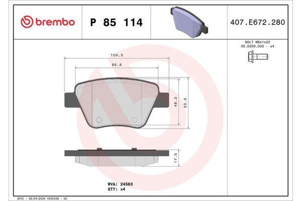 Fren Disk Balata Arka Audi A3 (8P1)(05.2003->)  BREMBO P 85 114