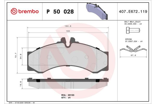 Fren Disk Balata Ön veya Arka Mercedes Sprinter Kamyonet (901-904)(1994->)  BREMBO P 50 028
