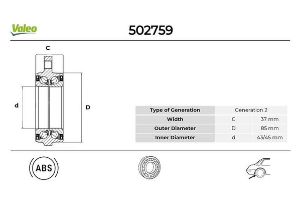 Teker Rulmanı Arka Sağ veya Sol Audi A8 (4E)(11.2002->)  VALEO 502759