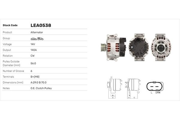 Alternatör  Volkswagen Eos (1F7)(11.2005->2010)  LUCAS ELEKTRIK LEA0538