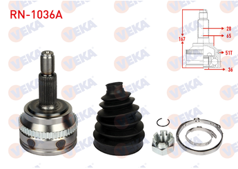 Aks Kafası Ön Dış Sağ veya Sol VEKA RN-1036A  4401720 4401727 7701470597 8200026912 8200169277 8200169281 8200169285 8200169288 8200178618 8200178624 3910000Q0A 39100-00Q0A 3910000QAH 39100-00QAH 3910100QAJ 39101-00QAJ 3910100QAK 39101-00QAK 44 01 720 44 01 727 4417358 44 17 358 9109720 9109727 93190322 82 00 169 281 82 00 178 618 8200485576 82 00 485 576