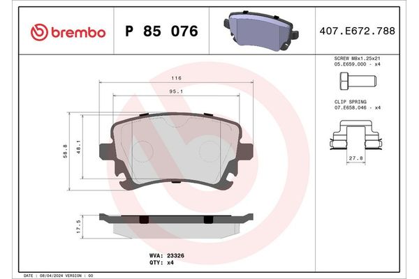 Fren Disk Balata Arka Audi A6 Allroad Quattro (4FH)(10.2008->)  BREMBO P 85 076