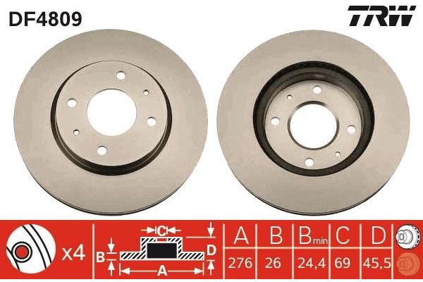Fren Disk Ayna Ön Sağ ve Sol Mitsubishi Lancer 4 Kapı/ Station W. (CS0A/W)(2003->)  TRW DF4809