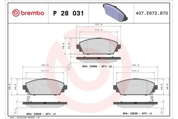 Fren Disk Balata Ön Honda Accord (CG7-9/CH1-7)(10.1998->)  BREMBO P 28 031