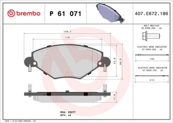 Fren Disk Balata Ön BREMBO P 61 071  425248 1611456480 1617257180 1636411580 425215 425288 425346 E172229