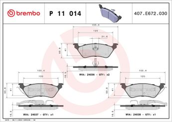 Fren Disk Balata Arka BREMBO P 11 014  5019805AA 05019805AA 5071948AA 05071948AA K05014036AA