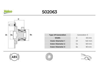Teker Rulmanı Ön Sağ veya Sol VALEO 502063  40202EA300 40202ZP90A 402024X01A 10202EA300 402029BT1A 43202ZP90A 4342082Z10 4342082Z30