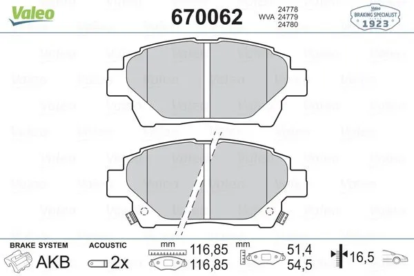 Fren Disk Balata Ön Toyota Yaris Verso (NCP2/NLP2)(1999->)  VALEO 670062