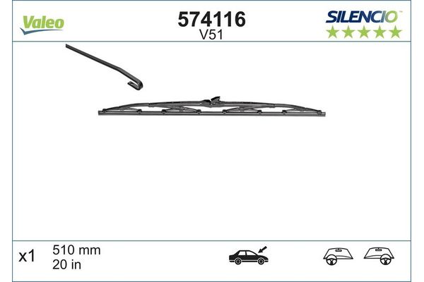 Silecek Süpürgesi Ön  510 mm - 20 inç Renault Clio I Faz I / II (B/C57)(01.1991->)  VALEO 574116