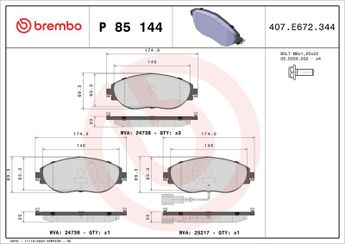 Fren Disk Balata Ön BREMBO P 85 144X  8V0698151C 3Q0698151B 5Q0698151K JZW698151AT 5Q0698151AJ 5Q0698151AG JZW698302DG