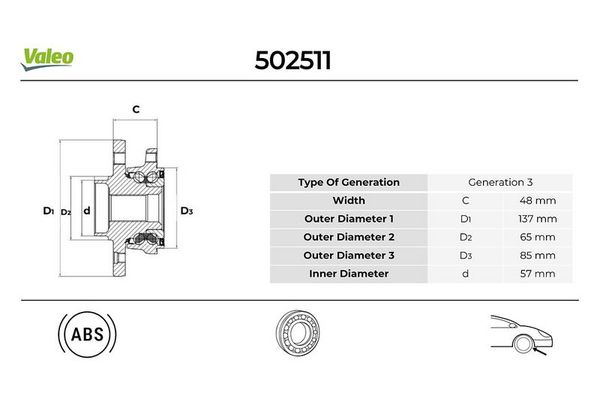 Teker Rulmanı Ön Sağ veya Sol Audi A3 (8P1)(05.2003->)  VALEO 502511