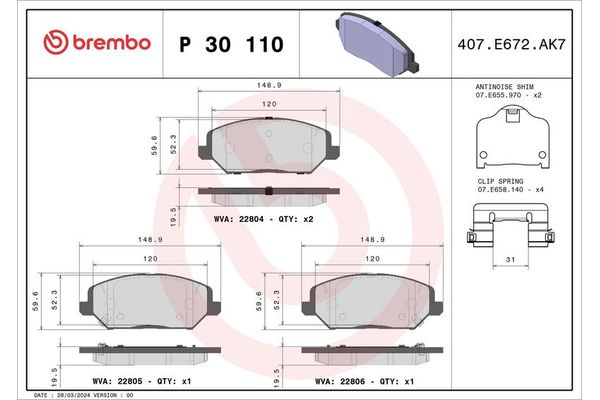Fren Disk Balata Ön Hyundai i30 (PD)(01.2017->)  BREMBO P 30 110