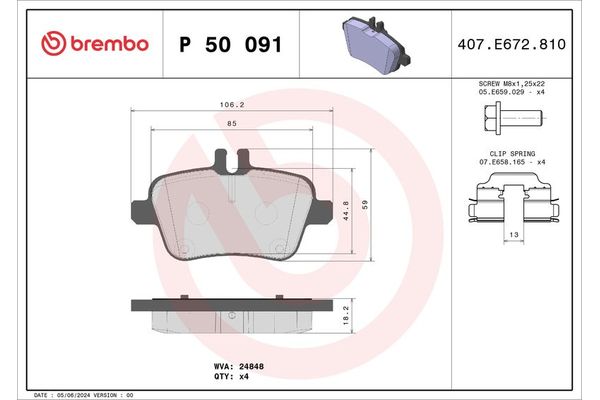 Fren Disk Balata Arka Mercedes A -Serisi (BM 176)(06.2012->)  BREMBO P 50 091X