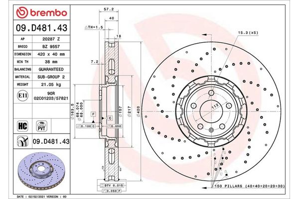 Fren Disk Ayna Ön Sağ ve Sol Audi RS 6 Avant (4A5)(09.2019->)  BREMBO 09.D481.43